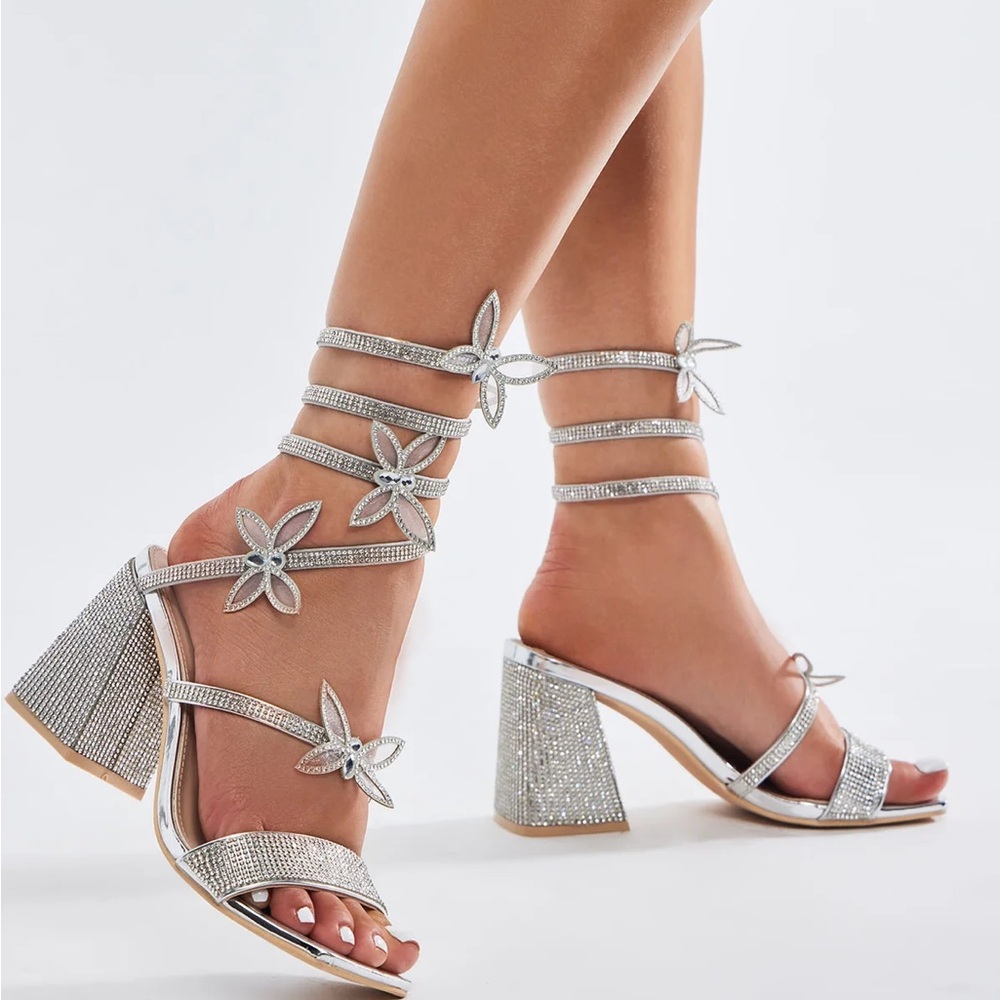 Silver butterfly wrap around heeled sandals
